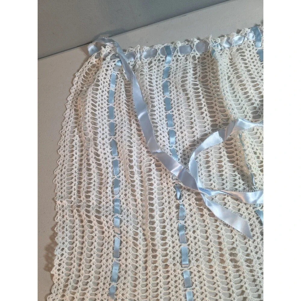 Vintage Handmade White Crochet Lace Apron with Blue Ribbon Ties